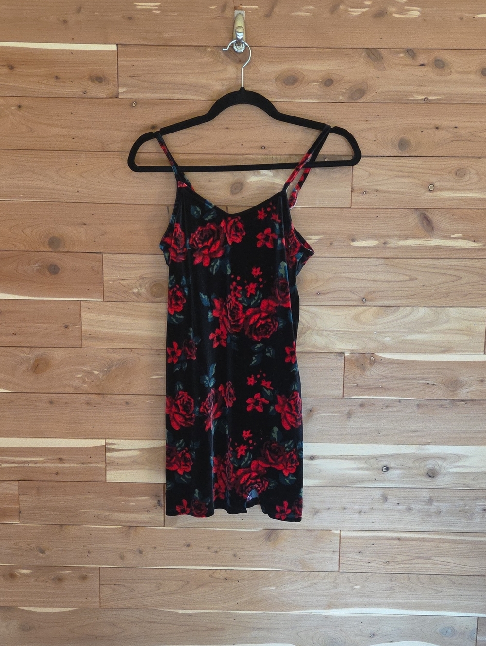 art class Black Velvet Camisole Dress with Red Floral Print